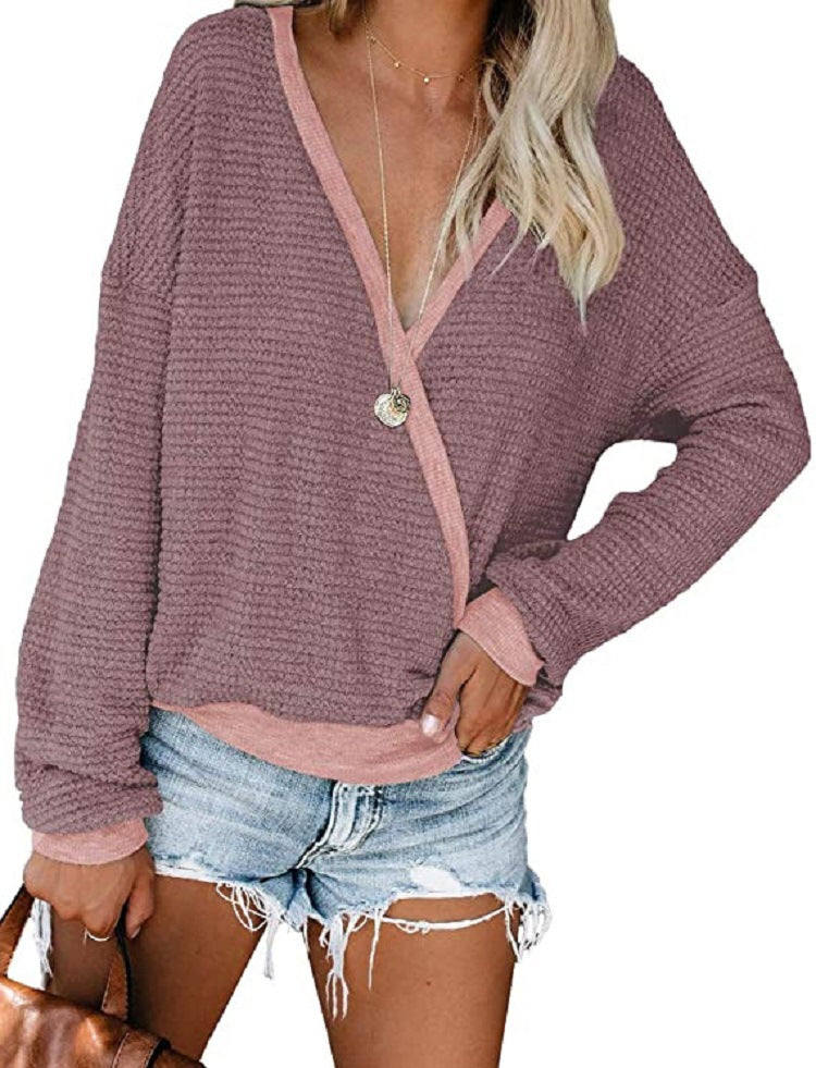 Women Loose Waffle Knit Sweater with Deep V-Neck and Layered Look Chichicherry