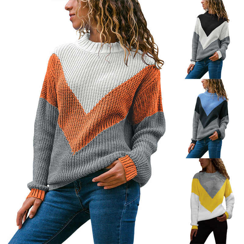 Women's chunky knit pullover with chevron design, round neckline and ribbed cuffs Chichicherry