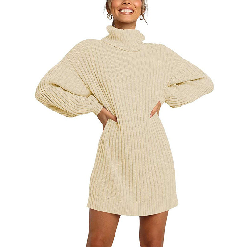 Women Ribbed Turtleneck Mini Dress with Oversized Silhouette and Balloon Sleeves Chichicherry