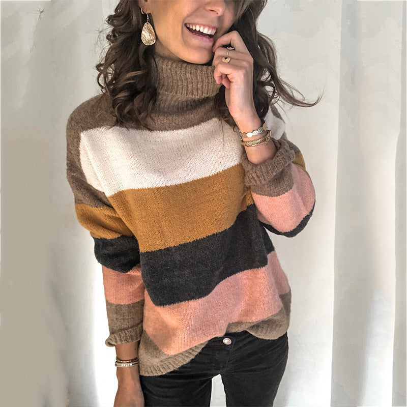 Women's Oversize-Block Stripe Turtleneck Sweater made of fluffy knit Chichicherry