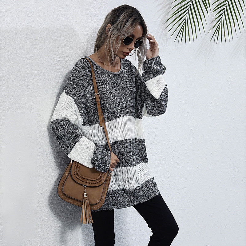 Ladies Oversize Long Sweater with Block Stripes and Round Neckline Chichicherry