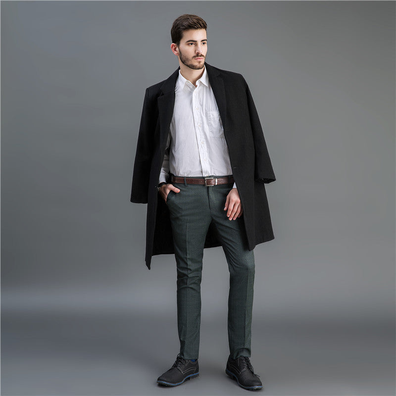 Men's Elegant Long Wool Blend Coat with Shawl Collar and Straight Cut Chichicherry