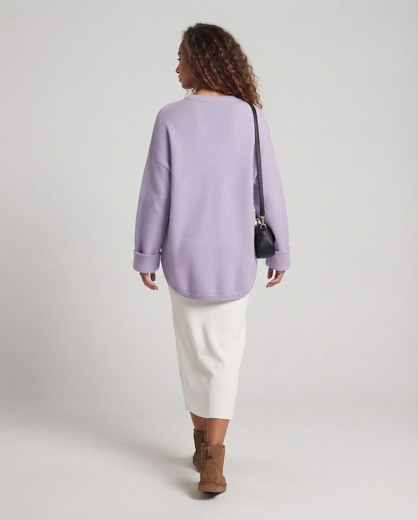 Ladies Oversize Long Sweater in Mohair Look with Round Neck, Drop Shoulder and Side Slit Chichicherry