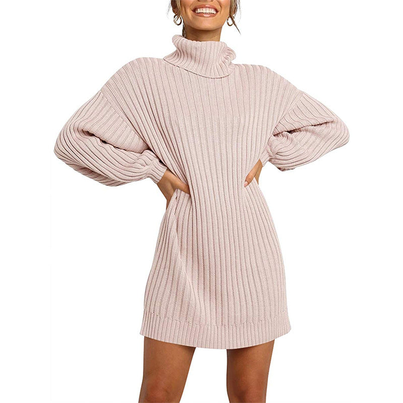 Women Ribbed Turtleneck Mini Dress with Oversized Silhouette and Balloon Sleeves Chichicherry