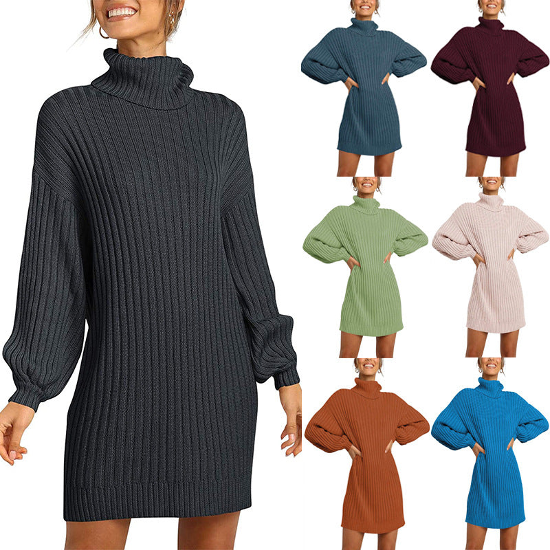 Women Ribbed Turtleneck Mini Dress with Oversized Silhouette and Balloon Sleeves Chichicherry