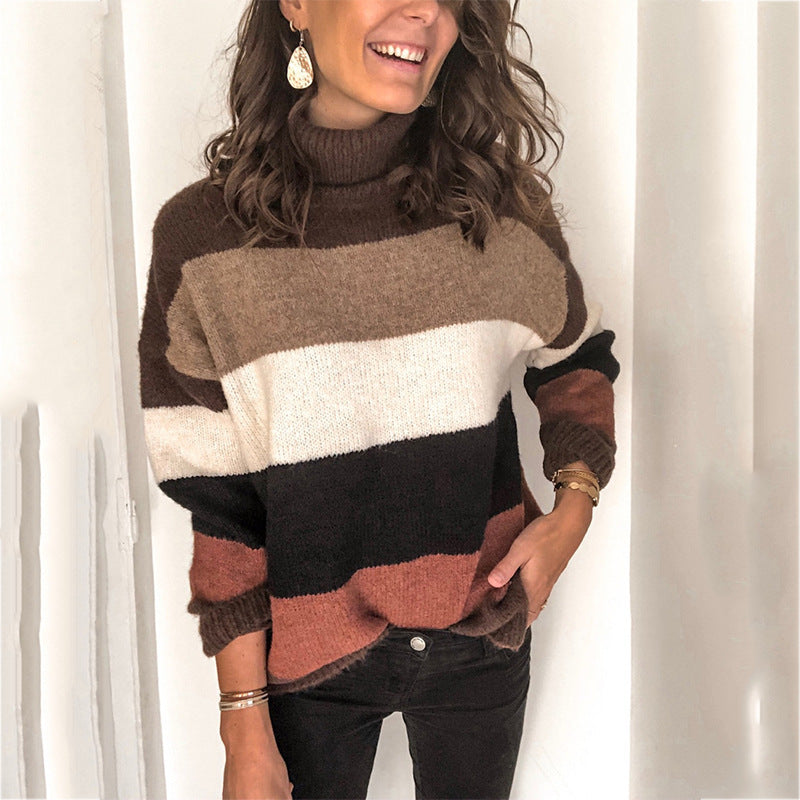 Women's Oversize-Block Stripe Turtleneck Sweater made of fluffy knit Chichicherry