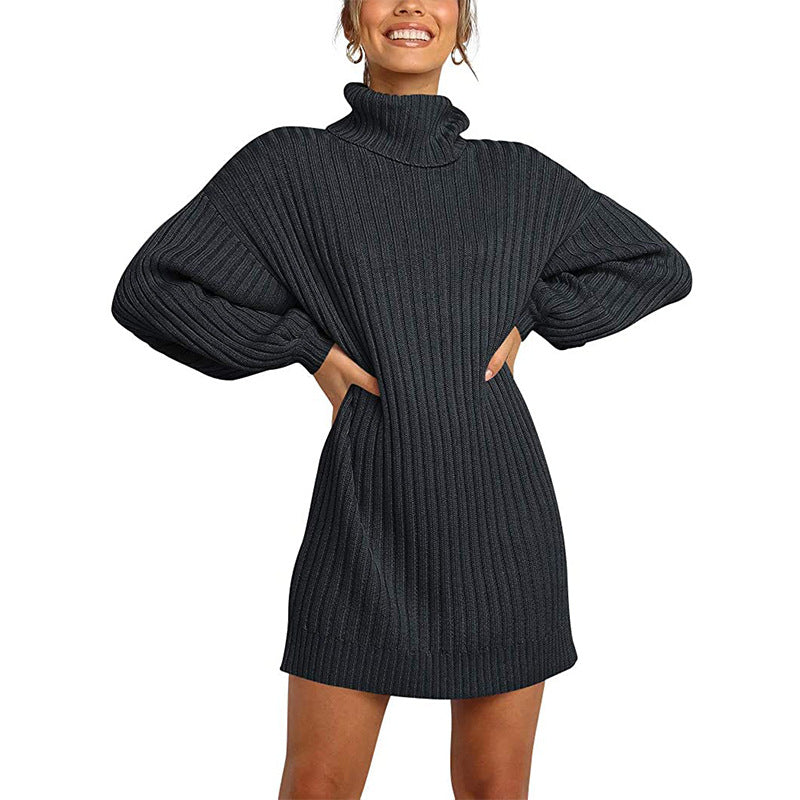Women Ribbed Turtleneck Mini Dress with Oversized Silhouette and Balloon Sleeves Chichicherry