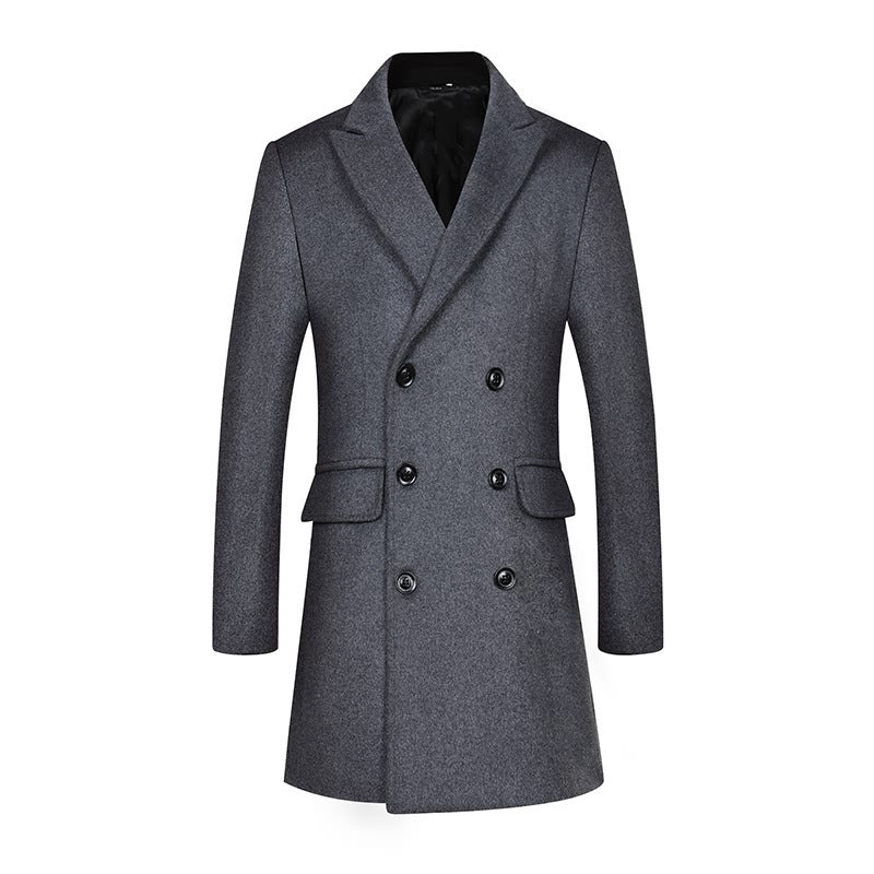 Men's Double-Breasted Wool Blend Overcoat with Tailored Fit, Notched Collar and Flap Pockets Chichicherry