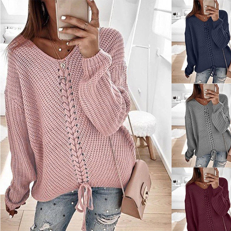 Women's Oversized Knit Sweater with V-Neck, Cable Knit and Lacing Chichicherry
