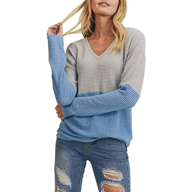 Women's Waffle Knit Sweater with V-Neck and Color Block Design Chichicherry