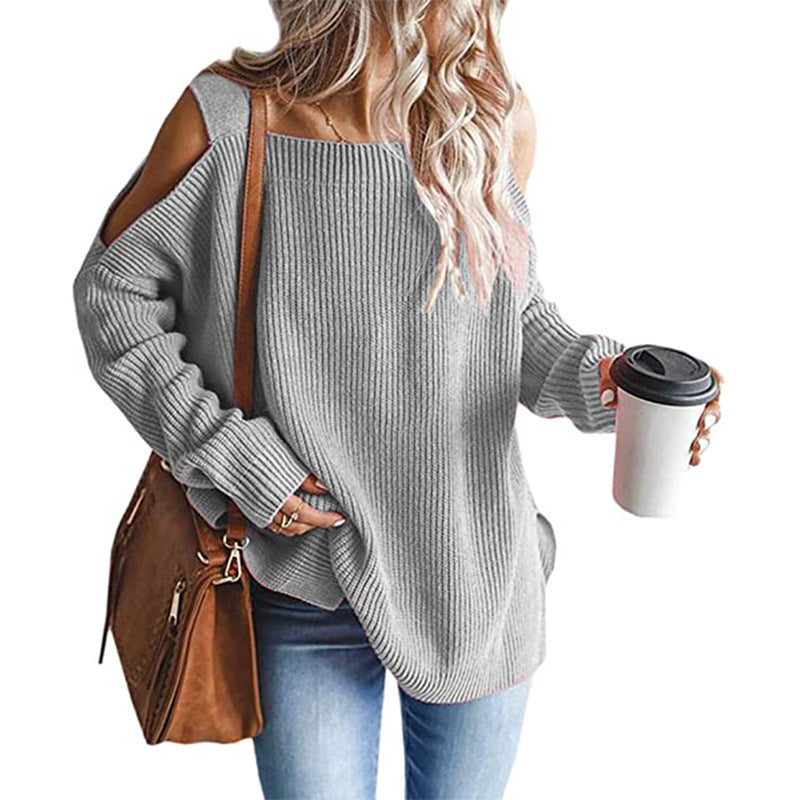 Women's Oversized Knit Sweater with Cut-Out Shoulder, Ribbed Fine Knit and Wide U Boat Neck Chichicherry