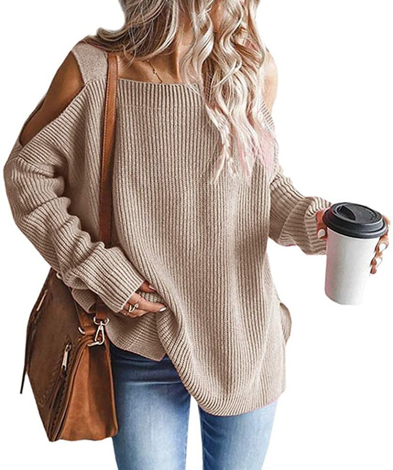 Women's Oversized Knit Sweater with Cut-Out Shoulder, Ribbed Fine Knit and Wide U Boat Neck Chichicherry