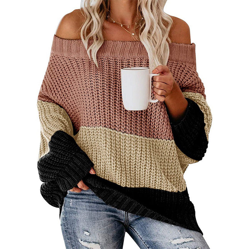 Women's Off-shoulder Oversize Block Stripe Knit Sweater Chichicherry
