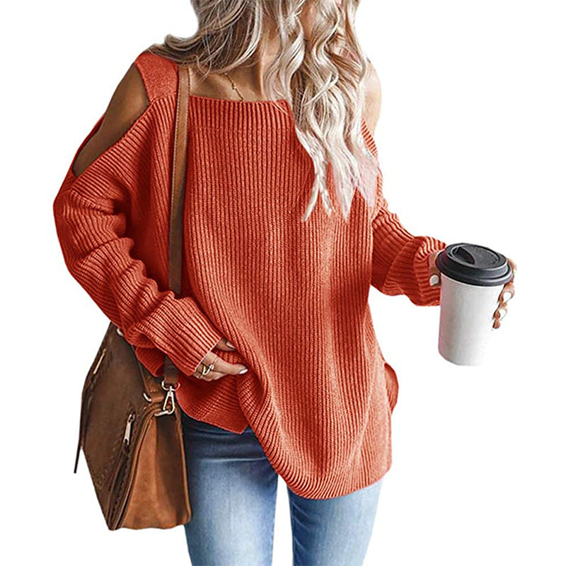 Women's Oversized Knit Sweater with Cut-Out Shoulder, Ribbed Fine Knit and Wide U Boat Neck Chichicherry