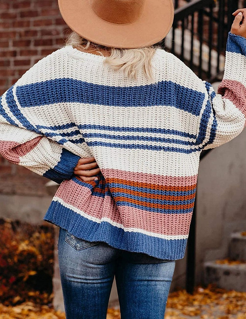 Women's Oversize Waffle Knit Sweater with Block Stripes and Dropped Shoulders Chichicherry