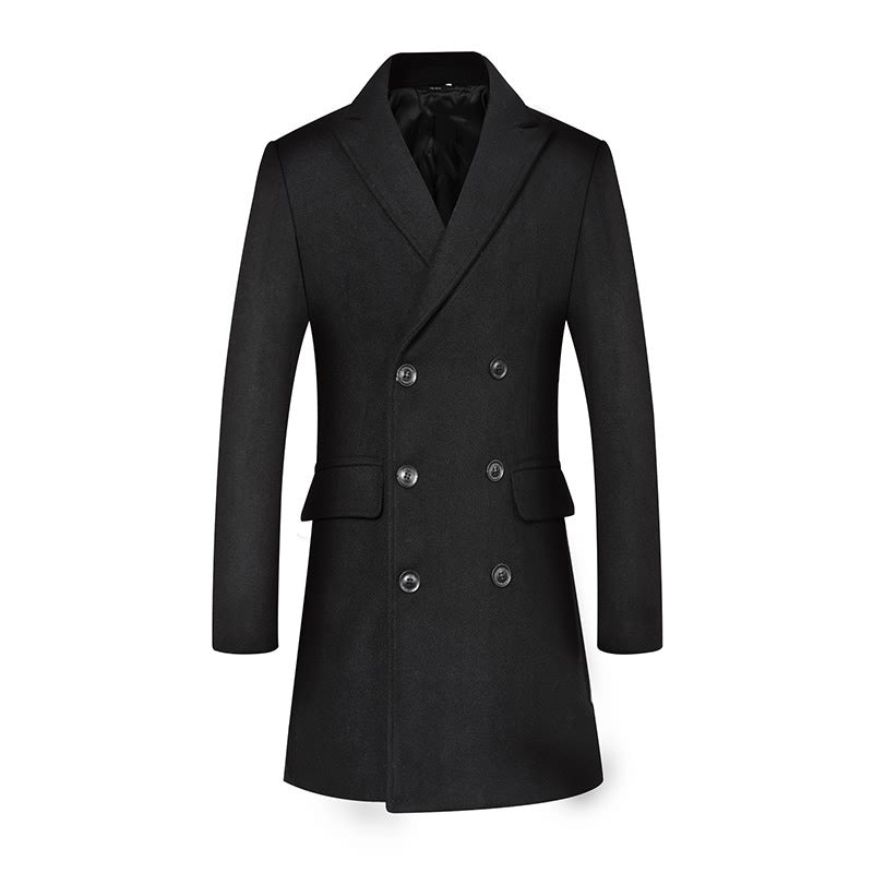 Men's Double-Breasted Wool Blend Overcoat with Tailored Fit, Notched Collar and Flap Pockets Chichicherry