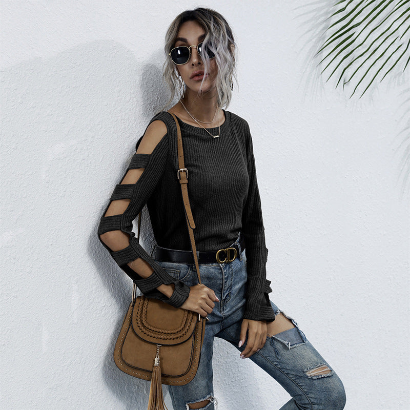 Women's ribbed knit sweater with cut-out sleeves and shoulder cutouts Chichicherry