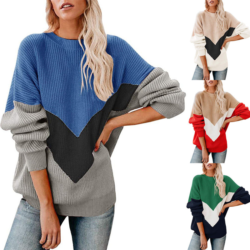 Women's Oversize Colorblock Sweater with V Intarsia, Ribbed Cuffs and Structured Knit Chichicherry