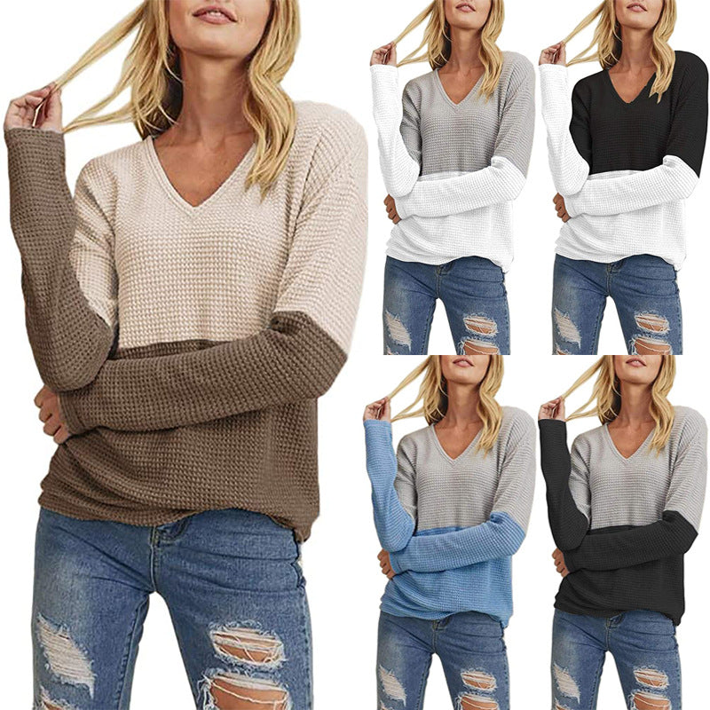Women's Waffle Knit Sweater with V-Neck and Color Block Design Chichicherry