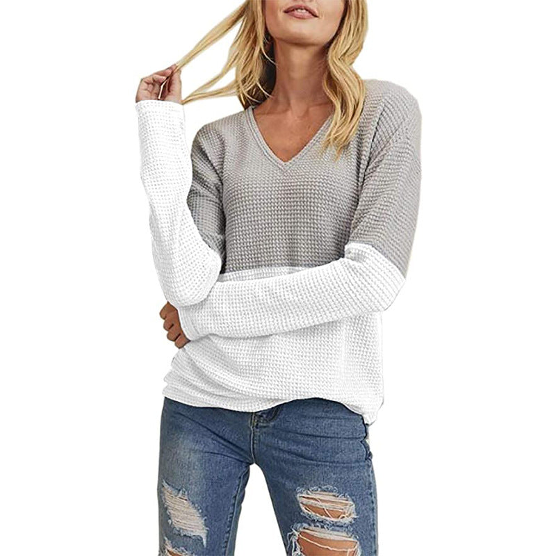 Women's Waffle Knit Sweater with V-Neck and Color Block Design Chichicherry