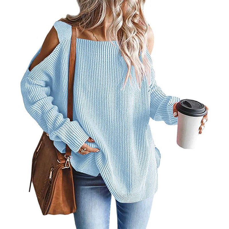 Women's Oversized Knit Sweater with Cut-Out Shoulder, Ribbed Fine Knit and Wide U Boat Neck Chichicherry