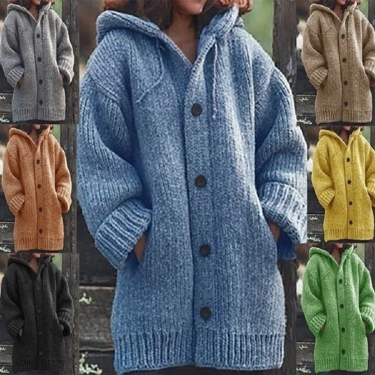 Women Long Slouchy Chunky Knit Coat Cardigan with Hood, Dropped Shoulder and Large Buttons Chichicherry