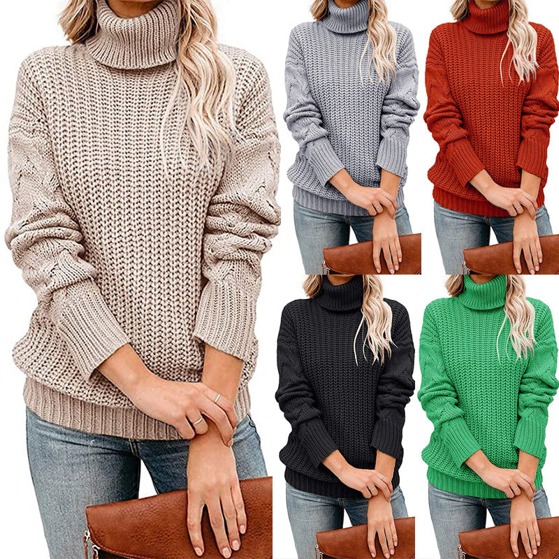 Ladies Chunky Knit Turtleneck Sweater with Waffle Structure and Dropped Shoulders Chichicherry
