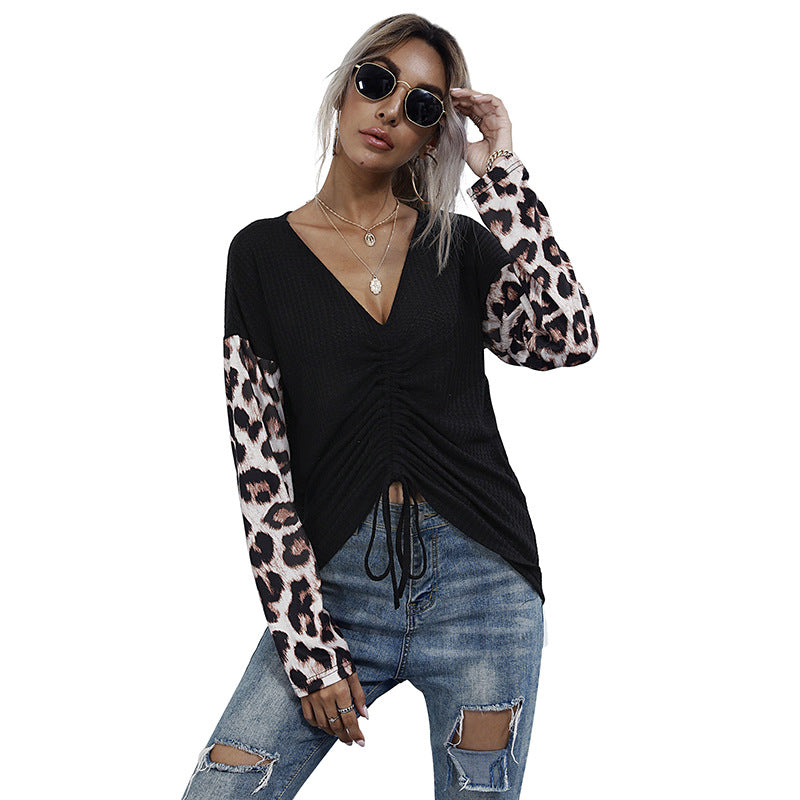 Women's Long Sleeve Tailored V-Neck Shirt with Ruffle Detail and Leopard Sleeves Chichicherry