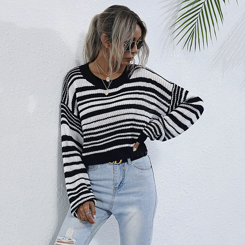 Women’s oversized striped cropped knit sweater with asymmetric off-the-shoulder neckline Chichicherry