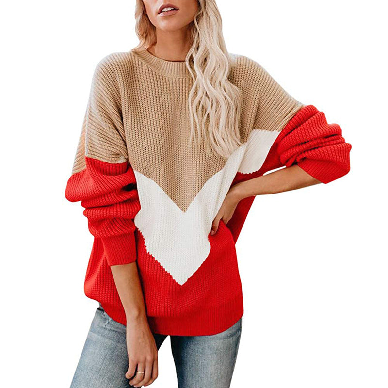 Women's Oversize Colorblock Sweater with V Intarsia, Ribbed Cuffs and Structured Knit Chichicherry