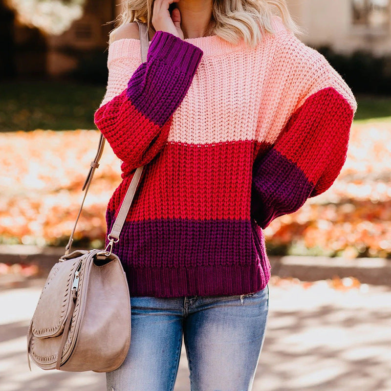 Women's Off-shoulder Oversize Block Stripe Knit Sweater Chichicherry