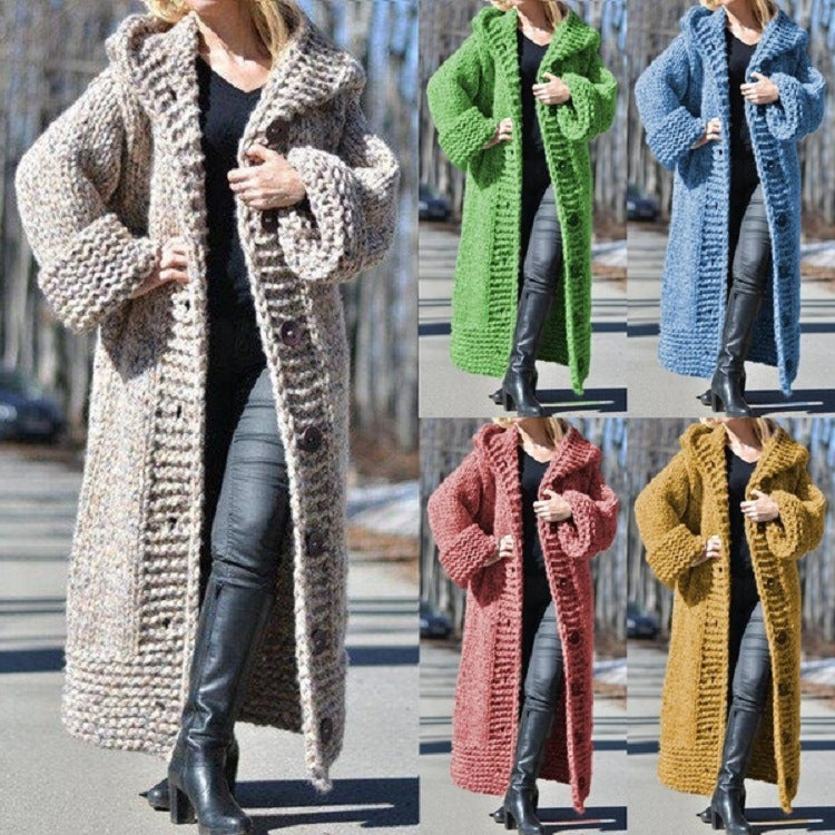 Women's Oversize Chunky Knit Maxi Coat with Hood and Button Placket Chichicherry
