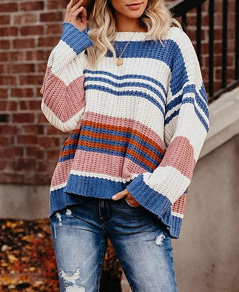 Women's Oversize Waffle Knit Sweater with Block Stripes and Dropped Shoulders Chichicherry