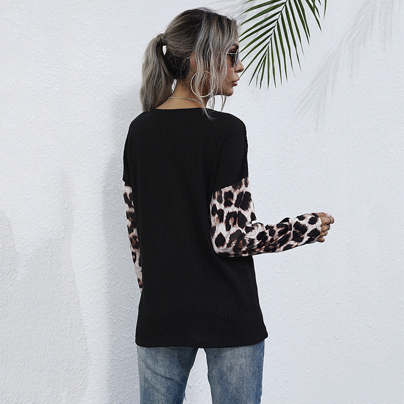 Women's Long Sleeve Tailored V-Neck Shirt with Ruffle Detail and Leopard Sleeves Chichicherry