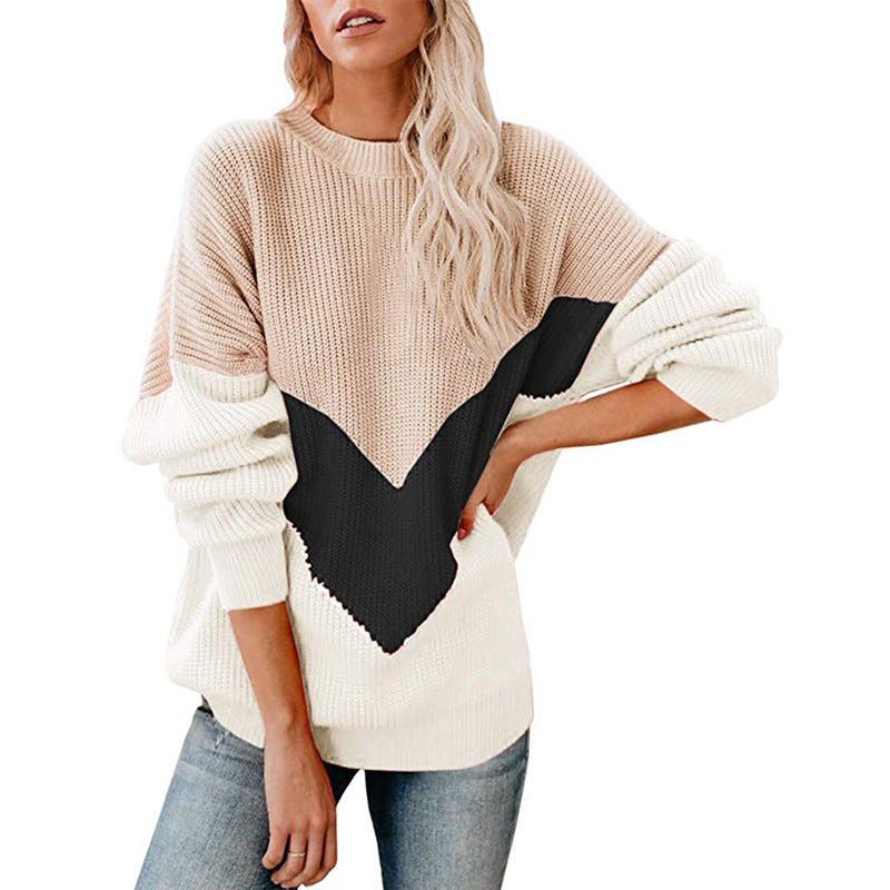 Women's Oversize Colorblock Sweater with V Intarsia, Ribbed Cuffs and Structured Knit Chichicherry