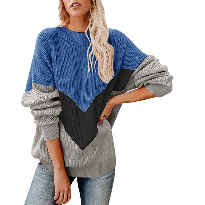 Women's Oversize Colorblock Sweater with V Intarsia, Ribbed Cuffs and Structured Knit Chichicherry
