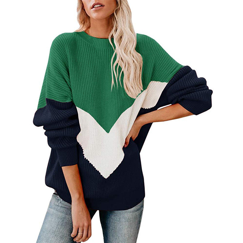 Women's Oversize Colorblock Sweater with V Intarsia, Ribbed Cuffs and Structured Knit Chichicherry
