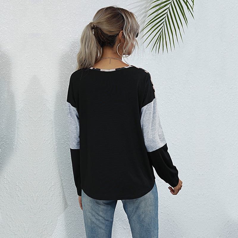 Women's Long Sleeve Shirt with Leopard Print Lacing Detail and Colorblock Chichicherry