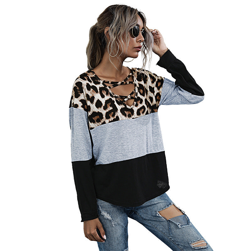 Women's Long Sleeve Shirt with Leopard Print Lacing Detail and Colorblock Chichicherry
