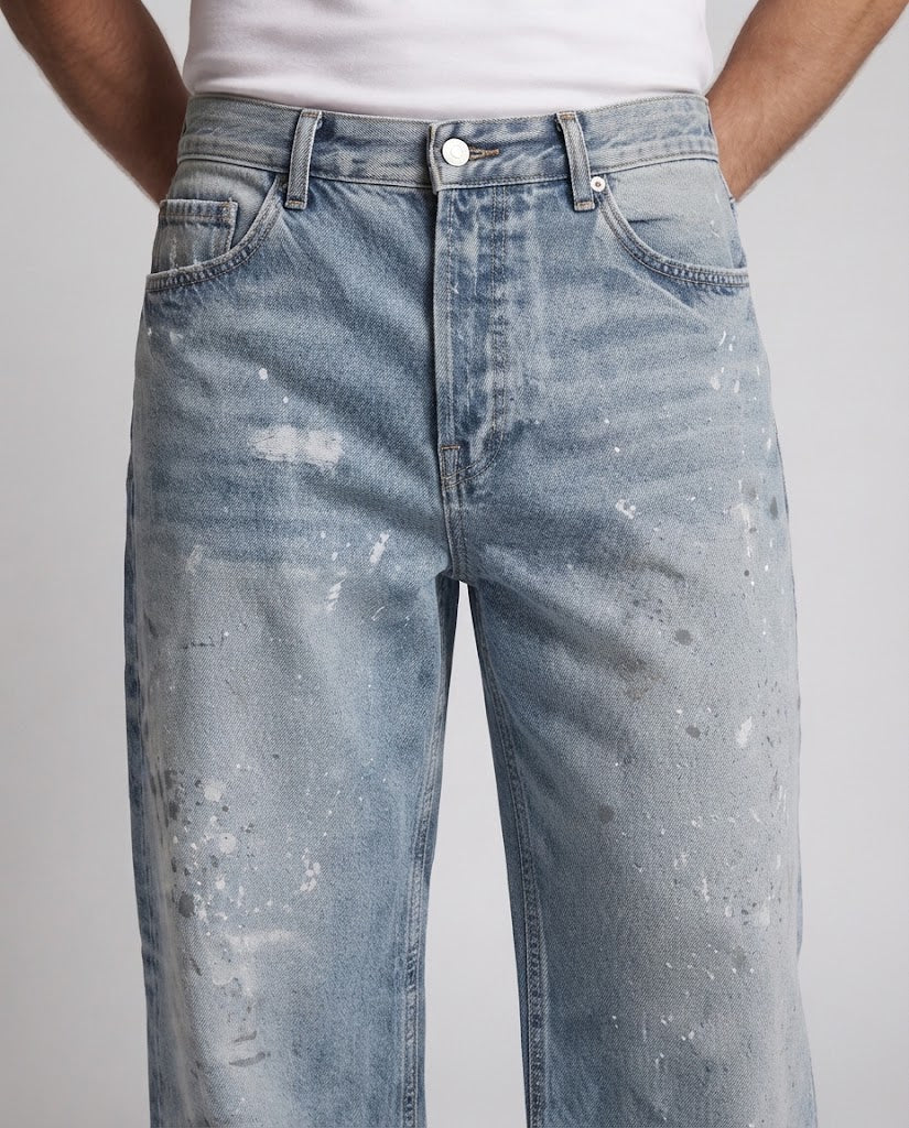Men's loose-fitting vintage denim jeans with used effects and paint splatter Chichicherry