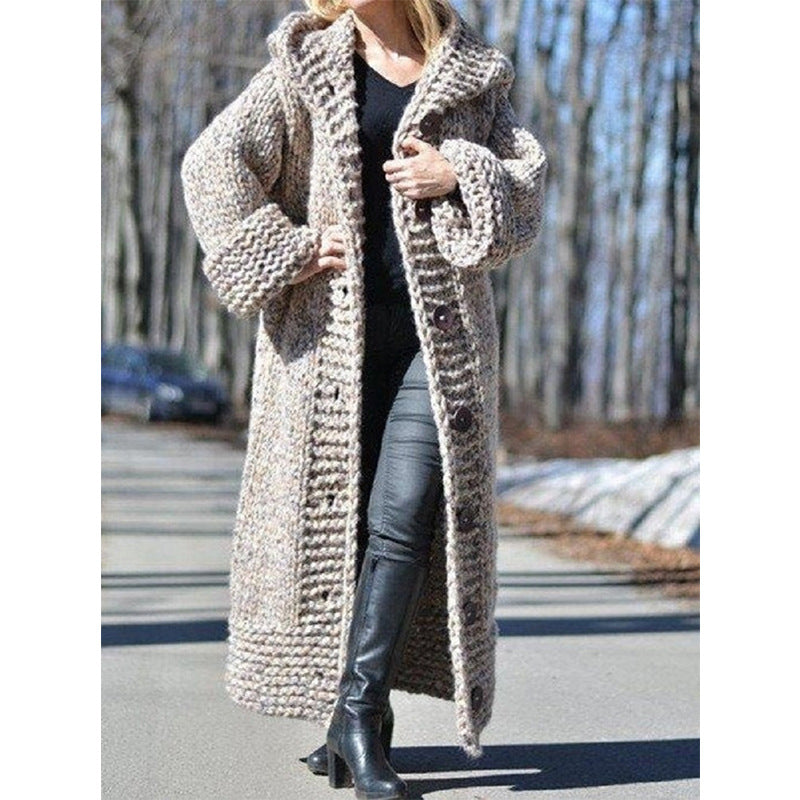 Women's Oversize Chunky Knit Maxi Coat with Hood and Button Placket Chichicherry