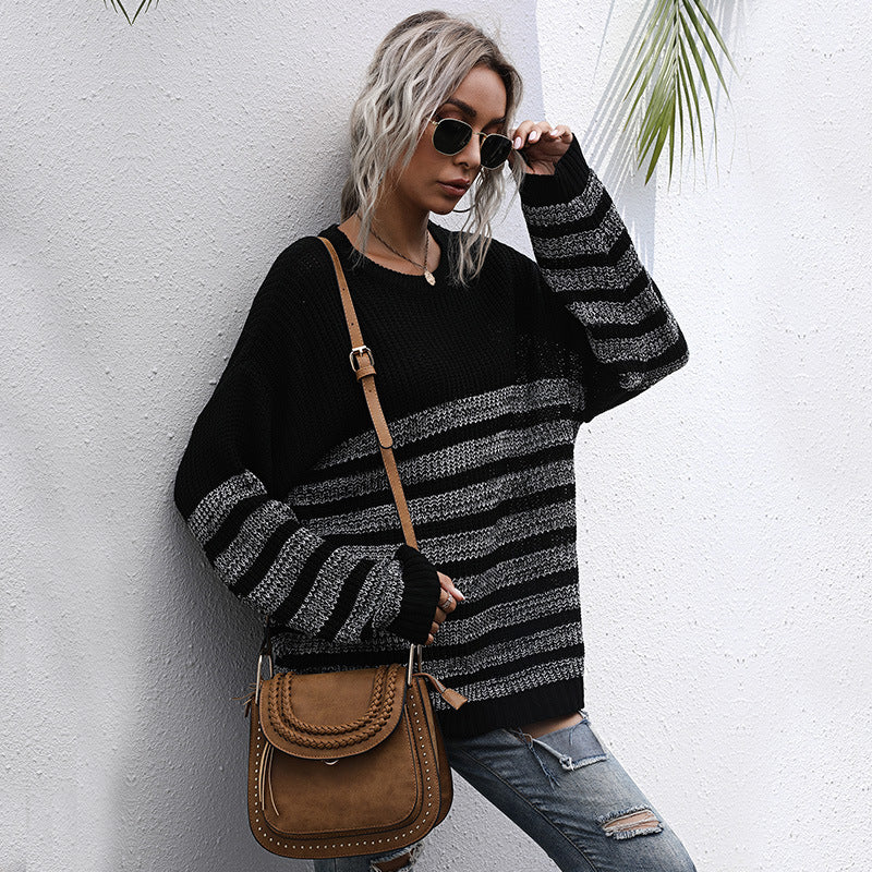 Women's Casual Knit Sweater in Block Stripe Mix with Oversized Silhouette Chichicherry