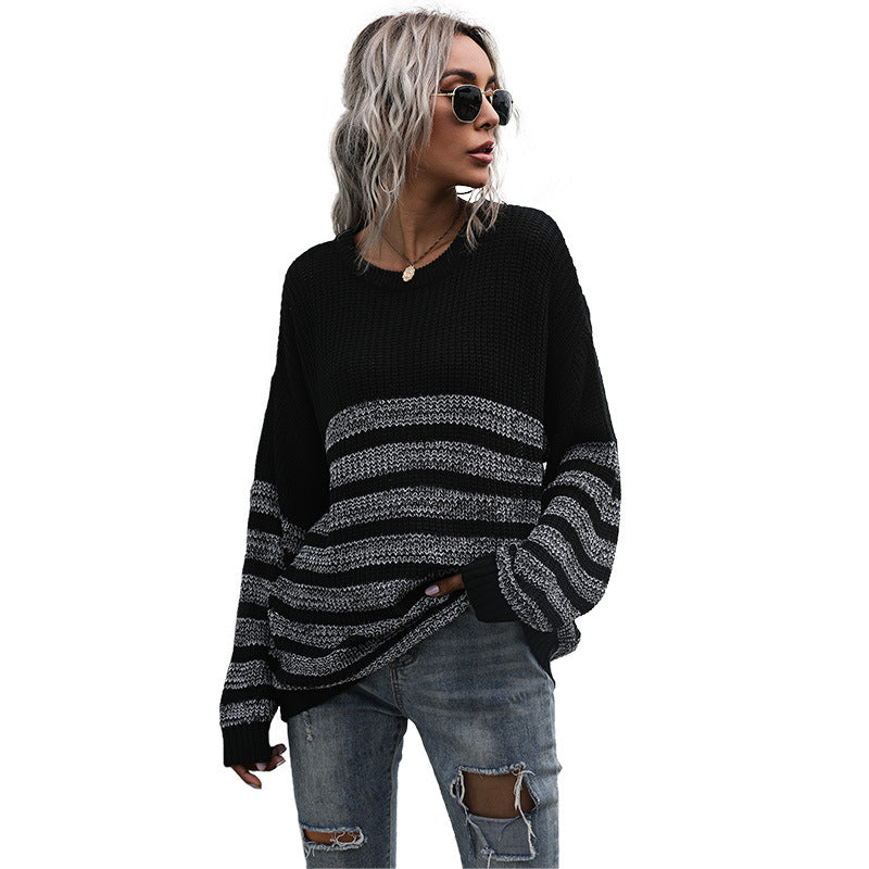 Women's Casual Knit Sweater in Block Stripe Mix with Oversized Silhouette Chichicherry