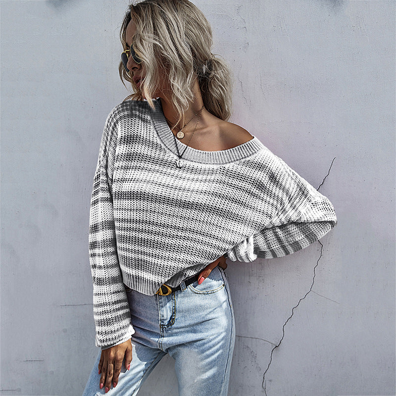 Women’s oversized striped cropped knit sweater with asymmetric off-the-shoulder neckline Chichicherry