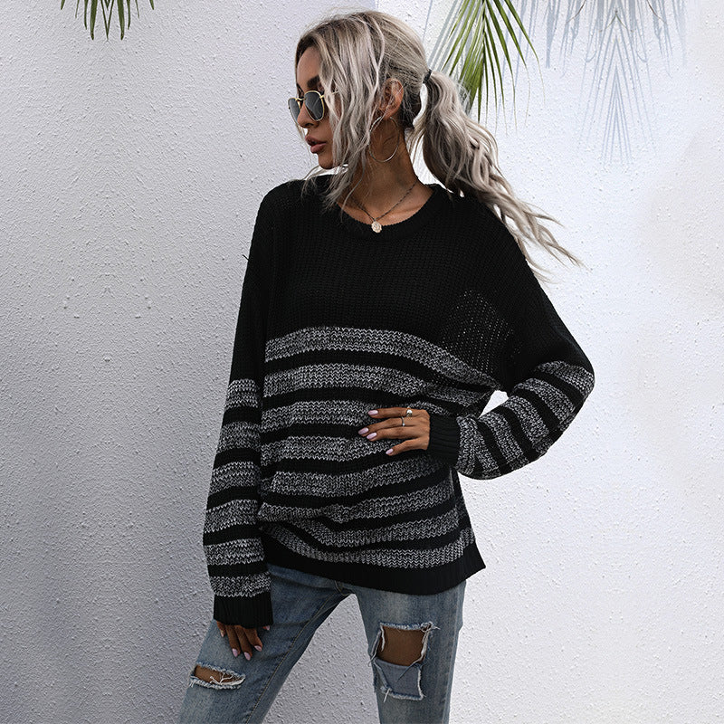 Women's Casual Knit Sweater in Block Stripe Mix with Oversized Silhouette Chichicherry