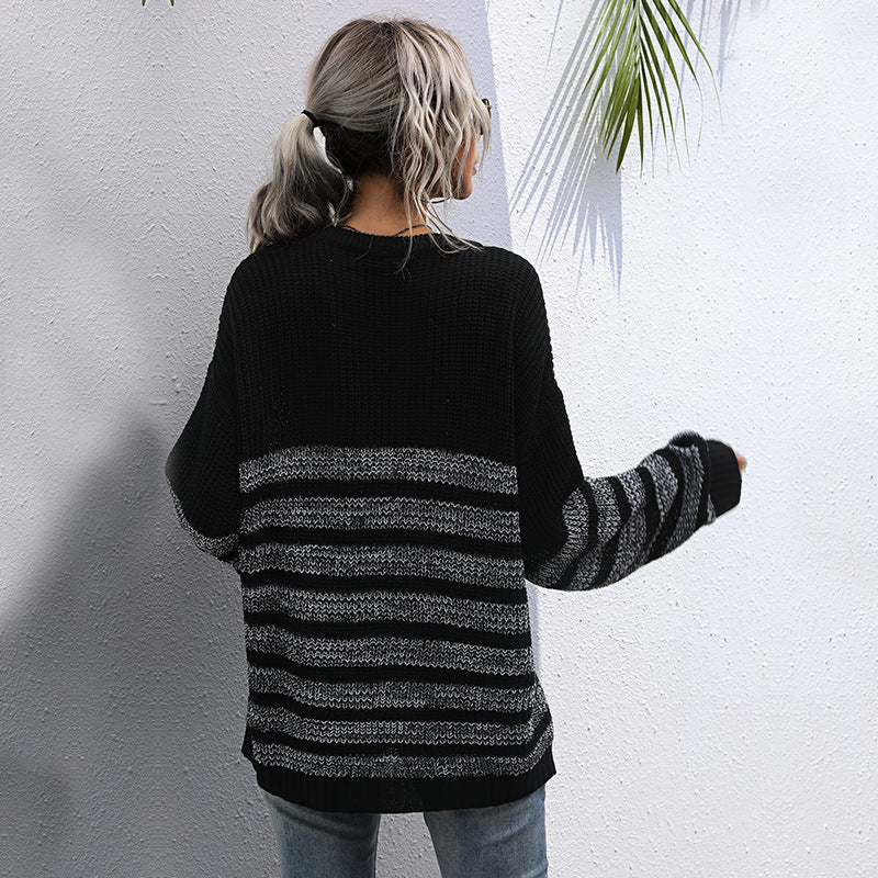 Women's Casual Knit Sweater in Block Stripe Mix with Oversized Silhouette Chichicherry
