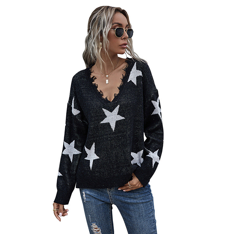 Women's Casual Star Knit Sweater in Oversize with V-Neck and Frayed Hem Chichicherry