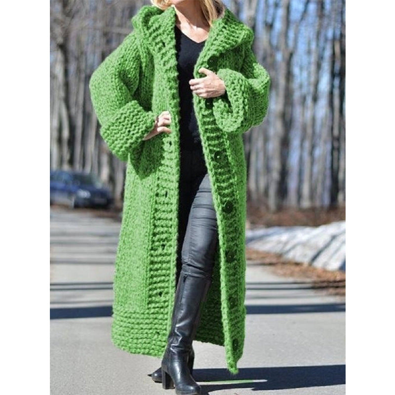Women's Oversize Chunky Knit Maxi Coat with Hood and Button Placket Chichicherry