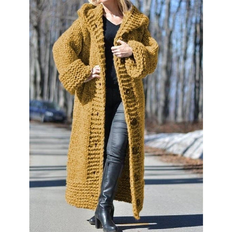 Women's Oversize Chunky Knit Maxi Coat with Hood and Button Placket Chichicherry