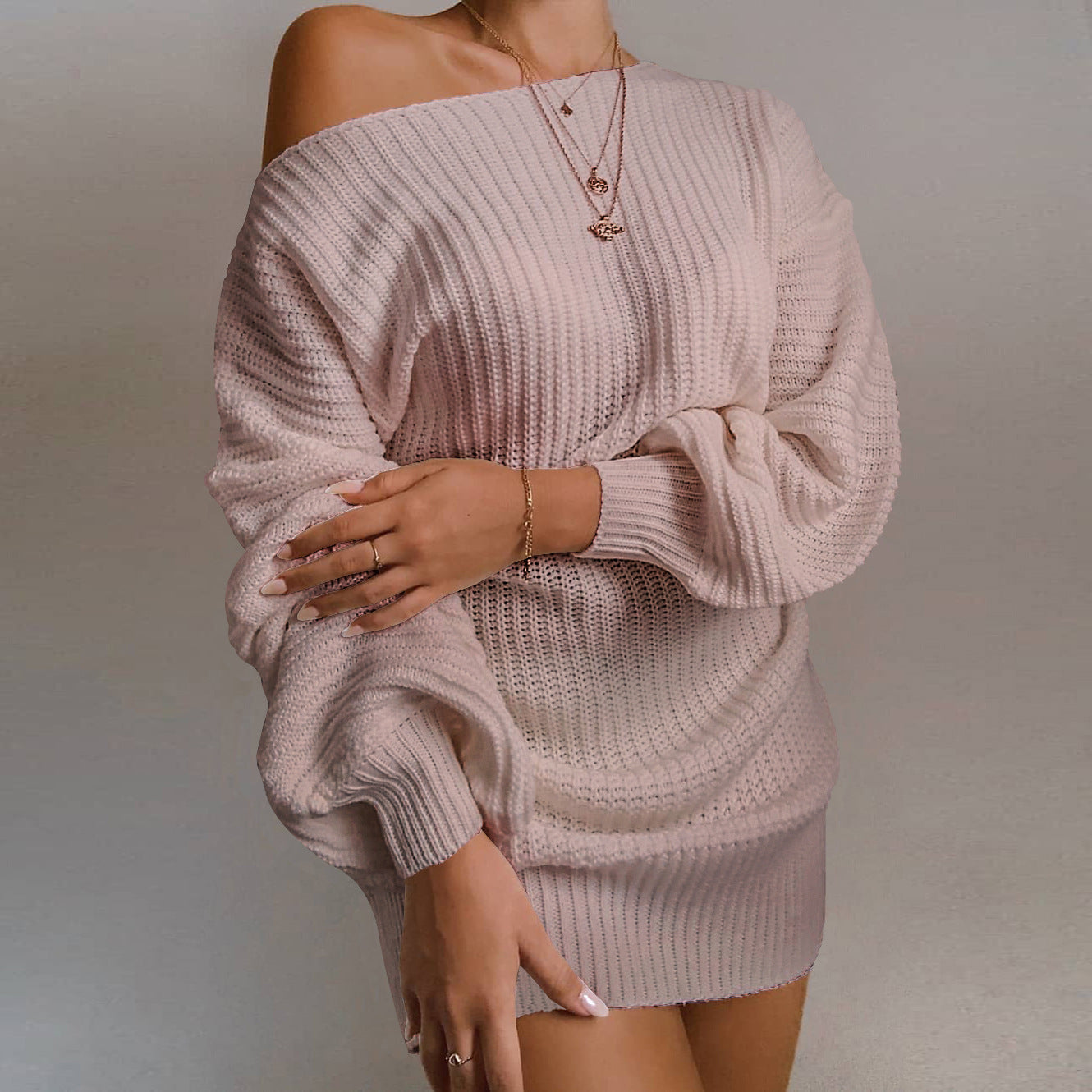 Damen Oversized Grobstrick-Kleid mit U-Boot-Ausschnitt und Ballonärmeln Drune